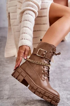 Modne Workery Botki Z Łańcuchem Brązowe Solesso