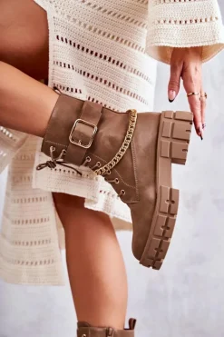 Modne Workery Botki Z Łańcuchem Brązowe Solesso