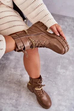 Modne Workery Botki Z Łańcuchem Brązowe Solesso