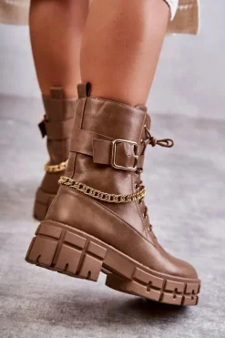 Modne Workery Botki Z Łańcuchem Brązowe Solesso