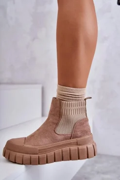 Modne Wsuwane Botki Na Platformie Ciemnobeżowe Jenna