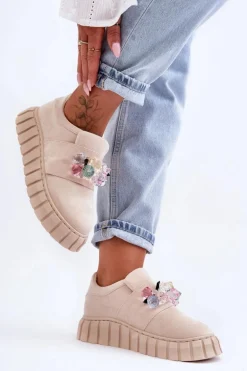 Modne Wsuwane Buty Sportowe Półbuty Z Ozdobą Beżowe Desire