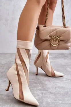 Modne Wysokie Damskie Botki Na Szpilce Beżowe Deyna