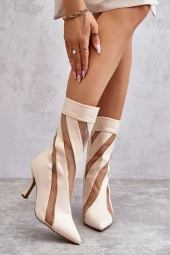 Modne Wysokie Damskie Botki Na Szpilce Beżowe Deyna