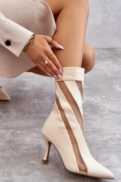 Modne Wysokie Damskie Botki Na Szpilce Beżowe Deyna