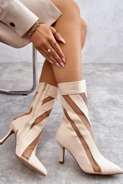 Modne Wysokie Damskie Botki Na Szpilce Beżowe Deyna