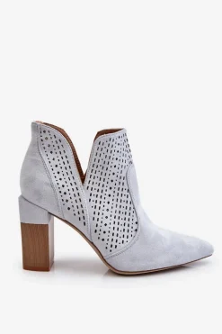 Modne Zamszowe Ażurowe Botki Na Obcasie Szare Genevi