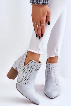 Modne Zamszowe Ażurowe Botki Na Obcasie Szare Genevi