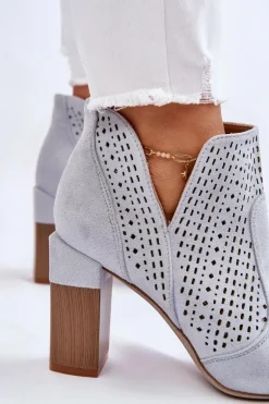 Modne Zamszowe Ażurowe Botki Na Obcasie Szare Genevi