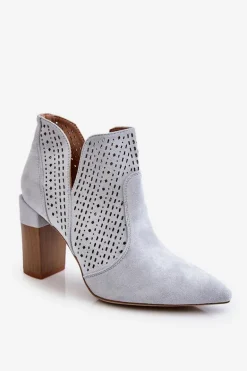Modne Zamszowe Ażurowe Botki Na Obcasie Szare Genevi