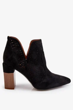 Modne Zamszowe Ażurowe Botki Na Obcasie Czarne Genevi