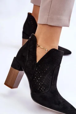 Modne Zamszowe Ażurowe Botki Na Obcasie Czarne Genevi