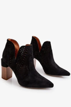 Modne Zamszowe Ażurowe Botki Na Obcasie Czarne Genevi