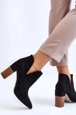 Modne Zamszowe Ażurowe Botki Na Obcasie Czarne Genevi