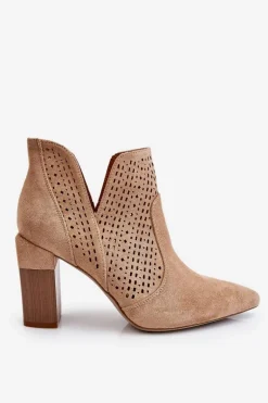 Modne Zamszowe Ażurowe Botki Na Obcasie Beżowe Genevi