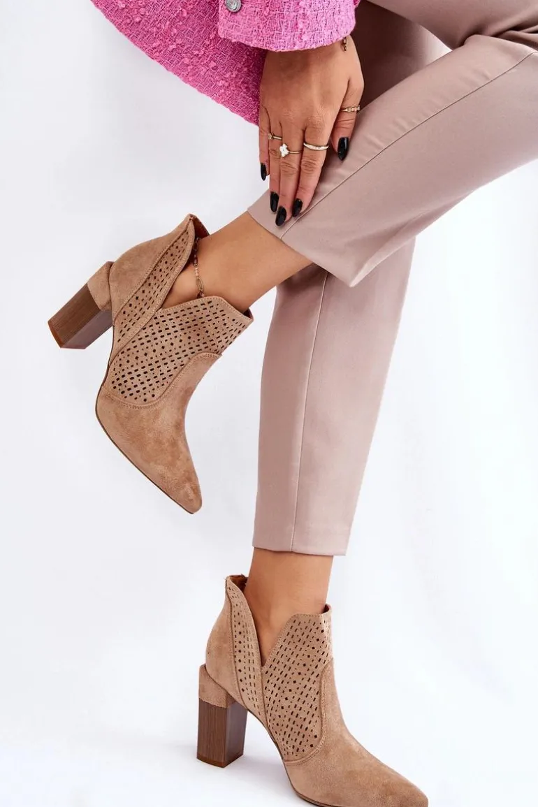 Modne Zamszowe Ażurowe Botki Na Obcasie Beżowe Genevi