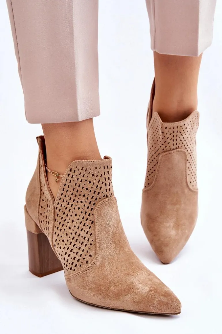 Modne Zamszowe Ażurowe Botki Na Obcasie Beżowe Genevi