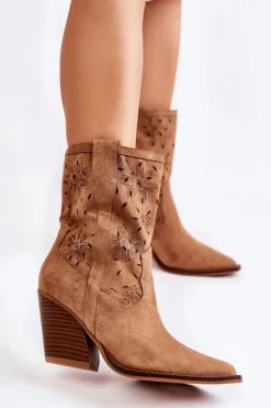 Modne Zamszowe Botki Kowbojki W Kwiaty Camel Coralie