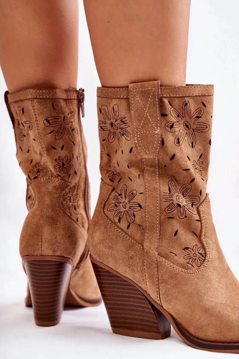Modne Zamszowe Botki Kowbojki W Kwiaty Camel Coralie
