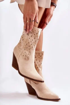 Modne Zamszowe Botki Kowbojki W Kwiaty Beżowe Coralie