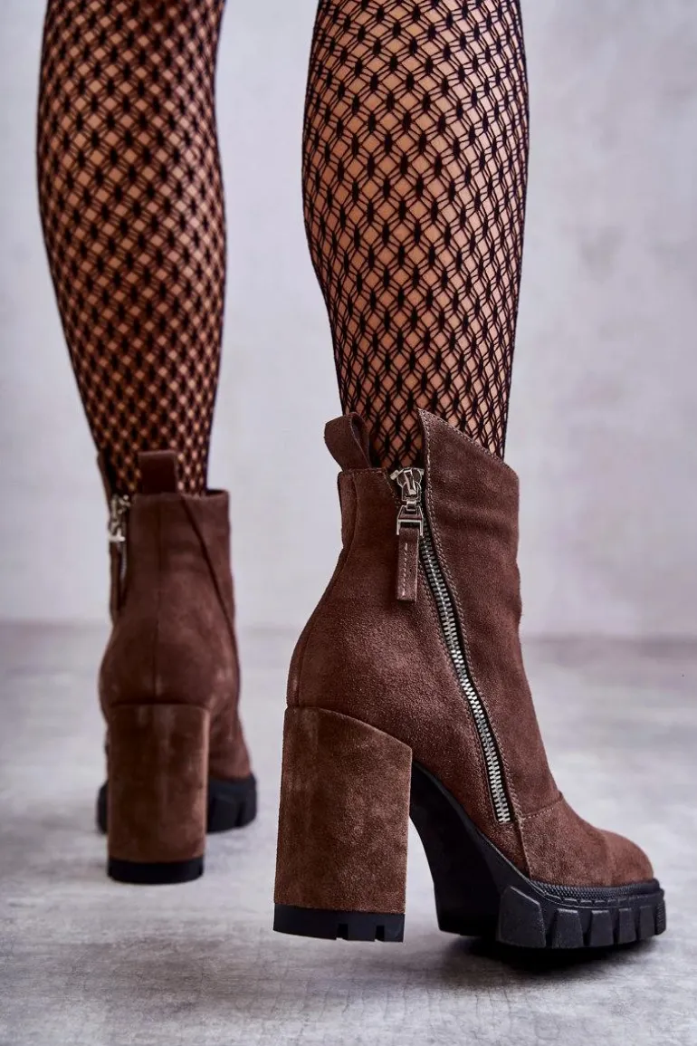 Modne Zamszowe Botki Na Obcasie Laura Messi 2509 Brązowe