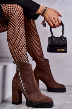 Modne Zamszowe Botki Na Obcasie Laura Messi 2509 Brązowe