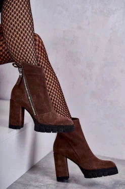 Modne Zamszowe Botki Na Obcasie Laura Messi 2509 Brązowe