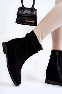 Modne Zamszowe Botki Na Ukrytym Koturnie Czarne Finney