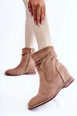 Modne Zamszowe Botki Na Ukrytym Koturnie Beżowe Finney