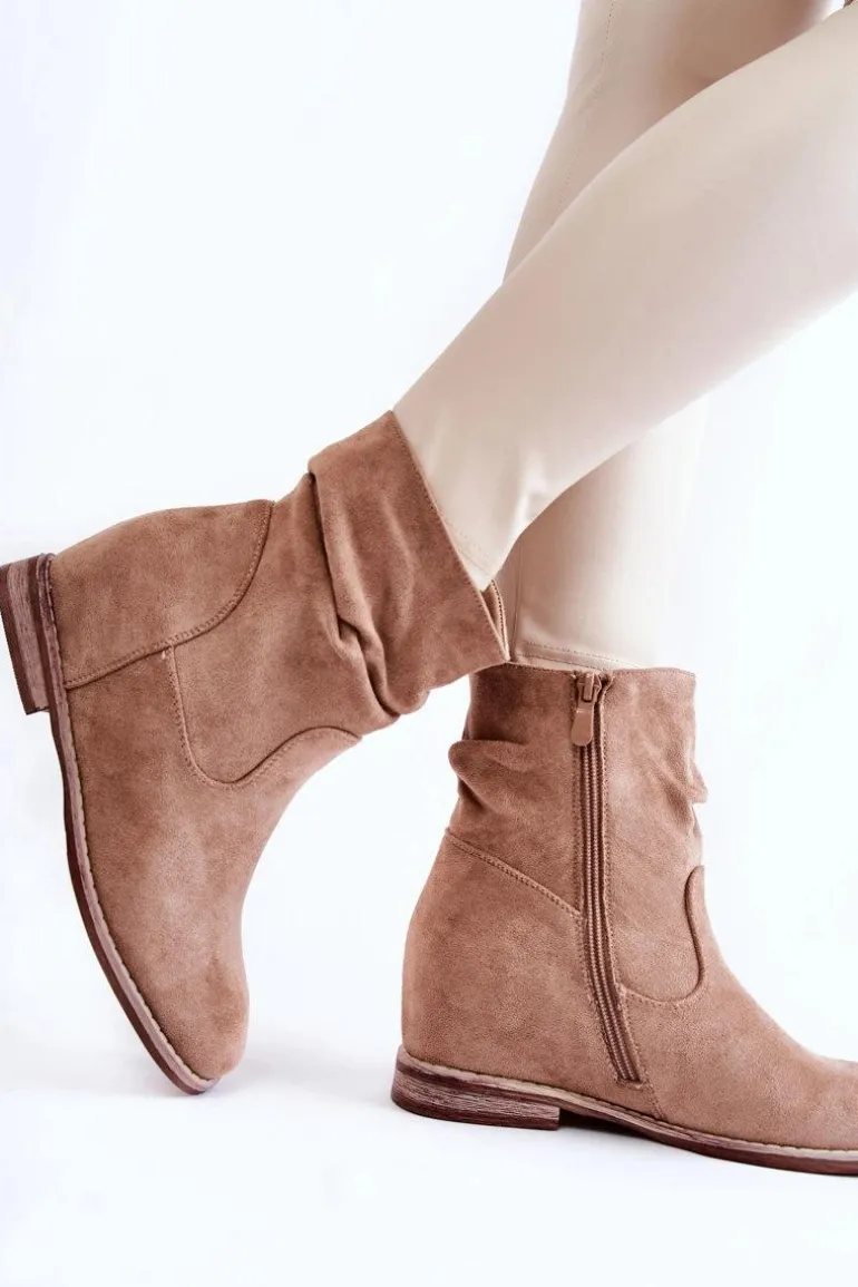 Modne Zamszowe Botki Na Ukrytym Koturnie Beżowe Finney