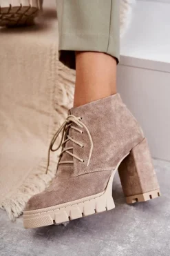 Modne Zamszowe Botki Sznurowane Beżowe Selma