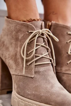 Modne Zamszowe Botki Sznurowane Beżowe Selma