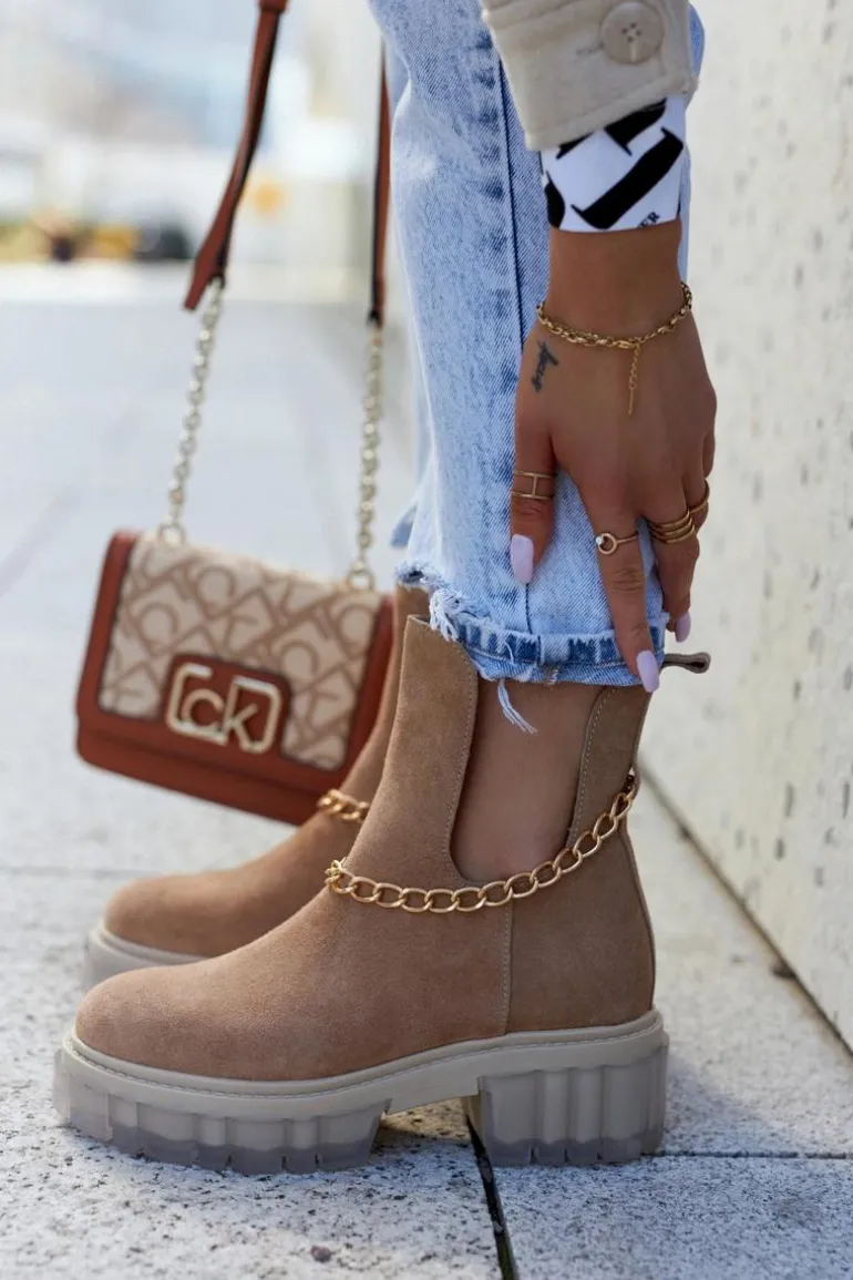 Modne Zamszowe Botki Z Wycięciem Camel Lemar Forget Me