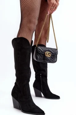 Modne Zamszowe Kozaki Kowbojki Czarne Delia