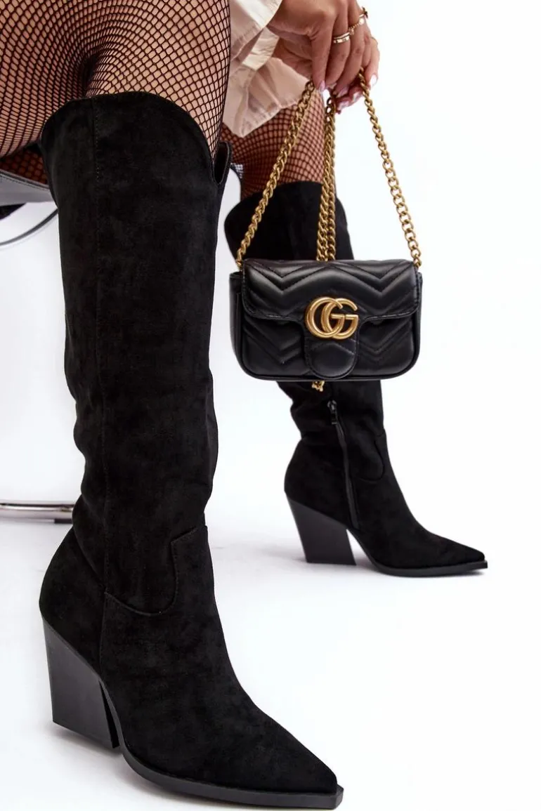 Modne Zamszowe Kozaki Kowbojki Czarne Delia