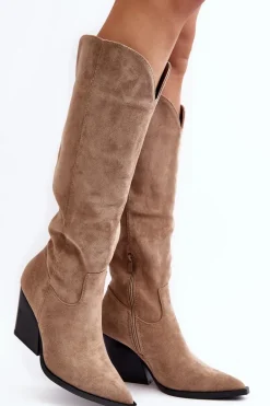 Modne Zamszowe Kozaki Kowbojki Beżowe Delia