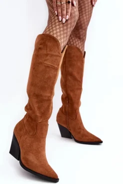 Modne Zamszowe Kozaki Kowbojki Camel Delia