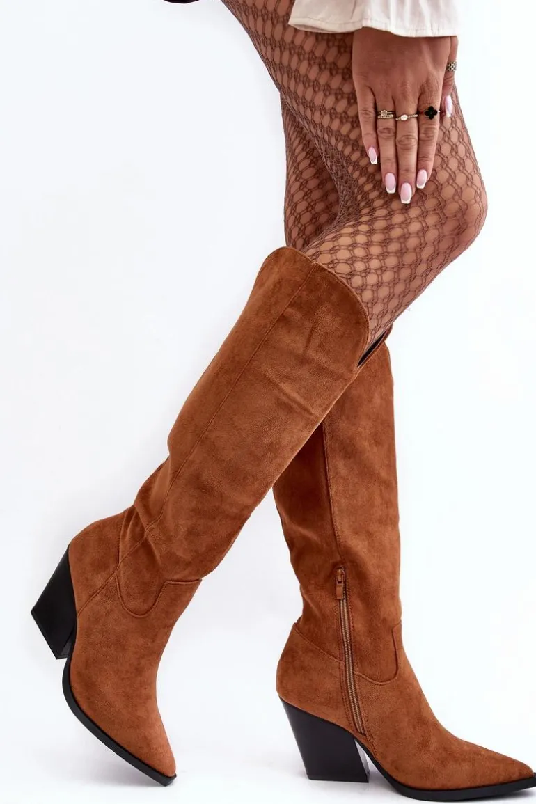 Modne Zamszowe Kozaki Kowbojki Camel Delia