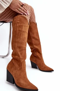 Modne Zamszowe Kozaki Kowbojki Camel Delia