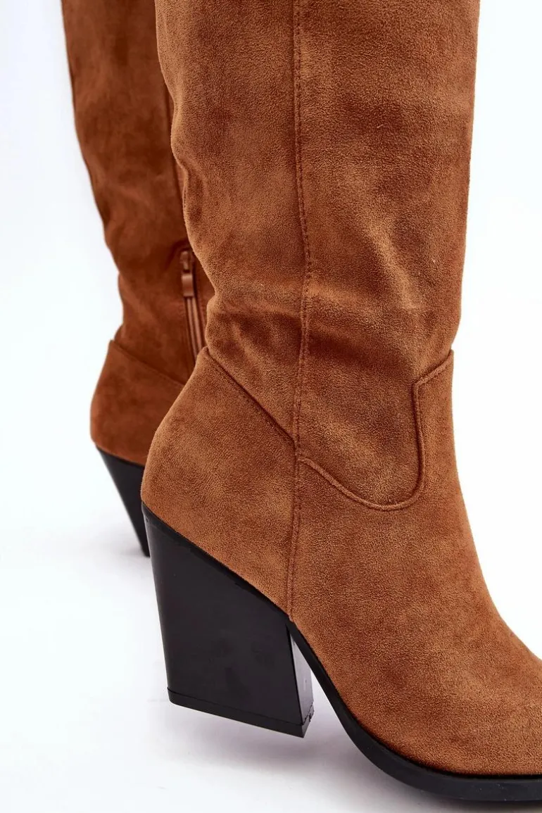 Modne Zamszowe Kozaki Kowbojki Camel Delia