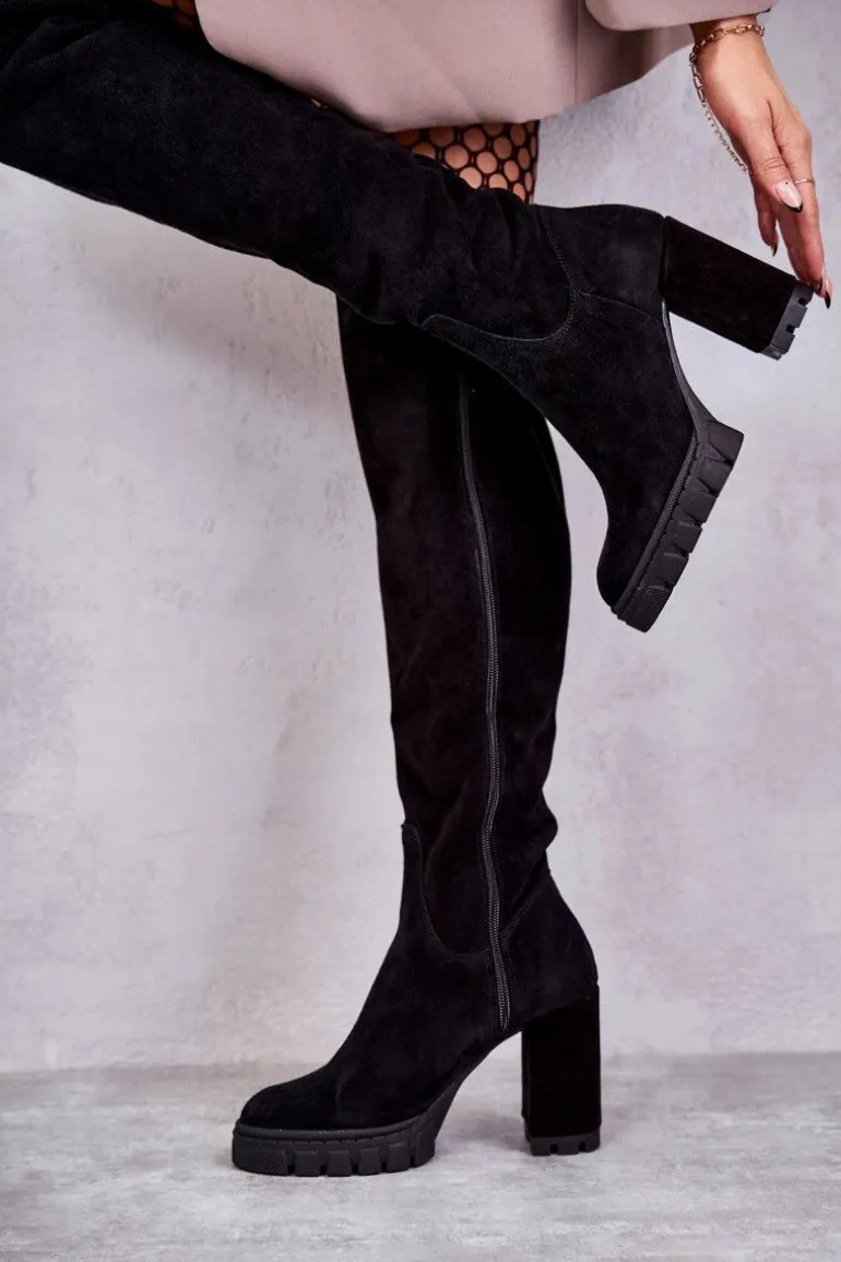 Modne Zamszowe Kozaki Muszkieterki Czarne Estrela