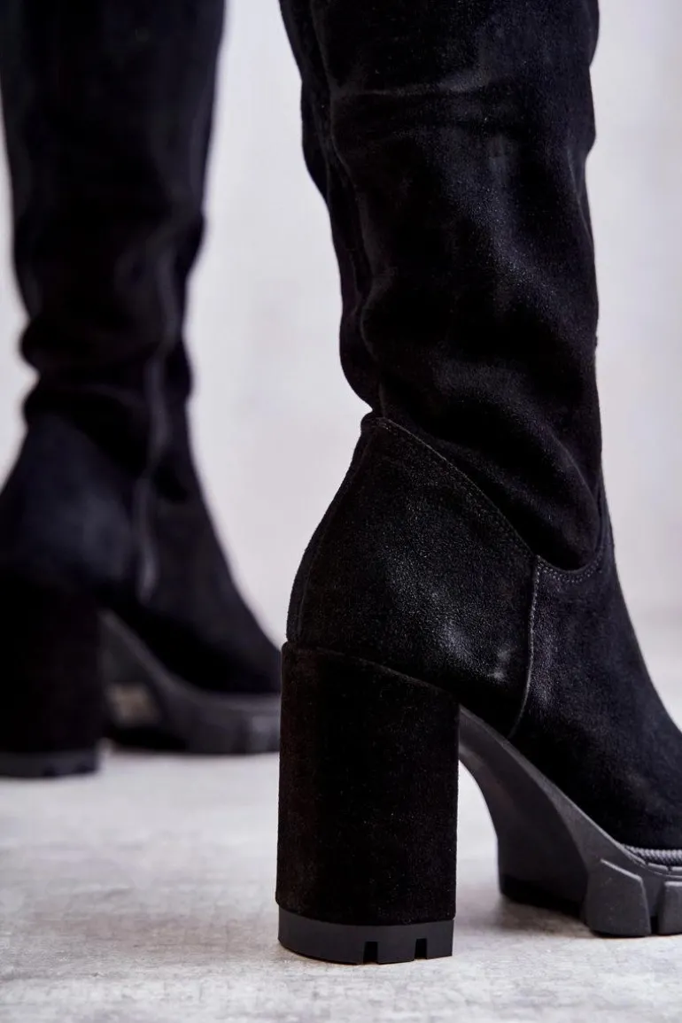 Modne Zamszowe Kozaki Muszkieterki Czarne Estrela