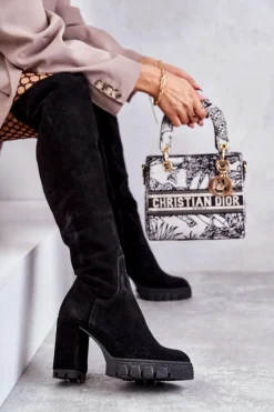 Modne Zamszowe Kozaki Muszkieterki Czarne Estrela