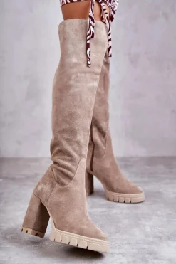 Modne Zamszowe Kozaki Muszkieterki Beżowe Estrela