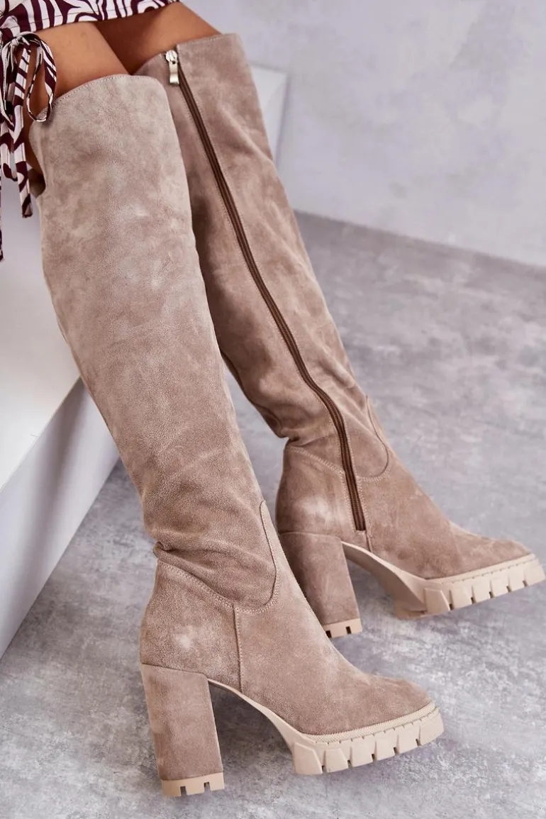 Modne Zamszowe Kozaki Muszkieterki Beżowe Estrela