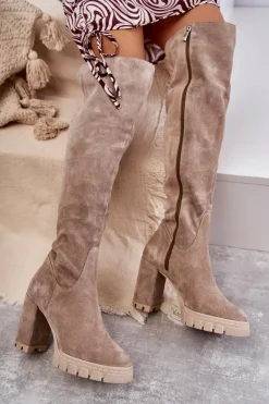 Modne Zamszowe Kozaki Muszkieterki Beżowe Estrela