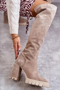 Modne Zamszowe Kozaki Muszkieterki Beżowe Estrela