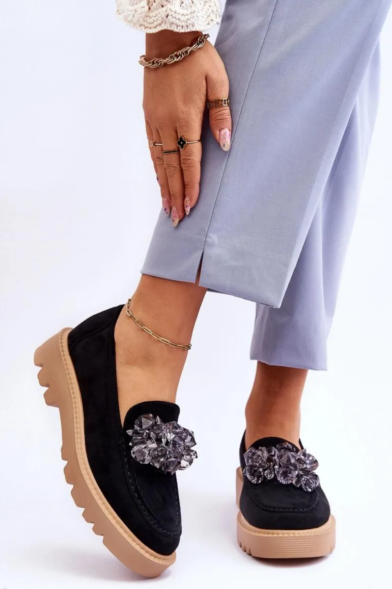 Modne Zamszowe Mokasyny Z Kryształkami Czarne Demeris