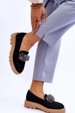 Modne Zamszowe Mokasyny Z Kryształkami Czarne Demeris