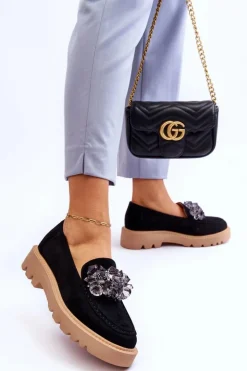 Modne Zamszowe Mokasyny Z Kryształkami Czarne Demeris